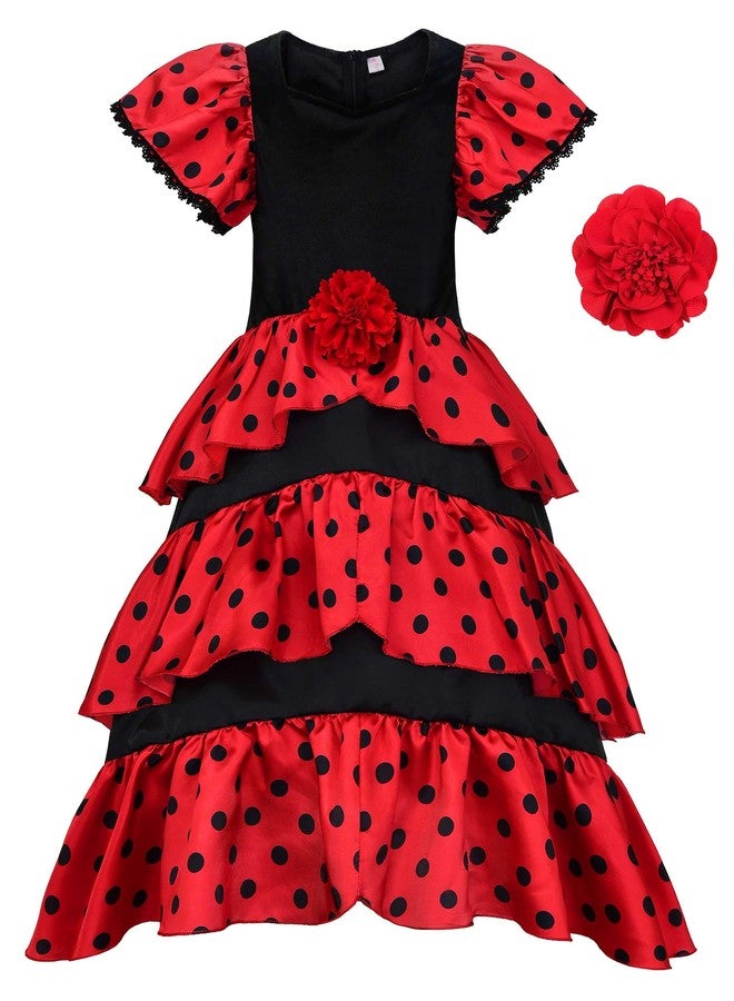 ReliBeauty Girls Flamenco Costume Spanish Dancer Skirt Kids Halloween Fancy Dress with Red Flower, 10-12/150 - Image 1